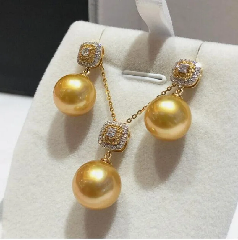 Gorgeous AAAAA 10-11mm South China Sea Round Gold Pearl Pendant Earring Set 925s