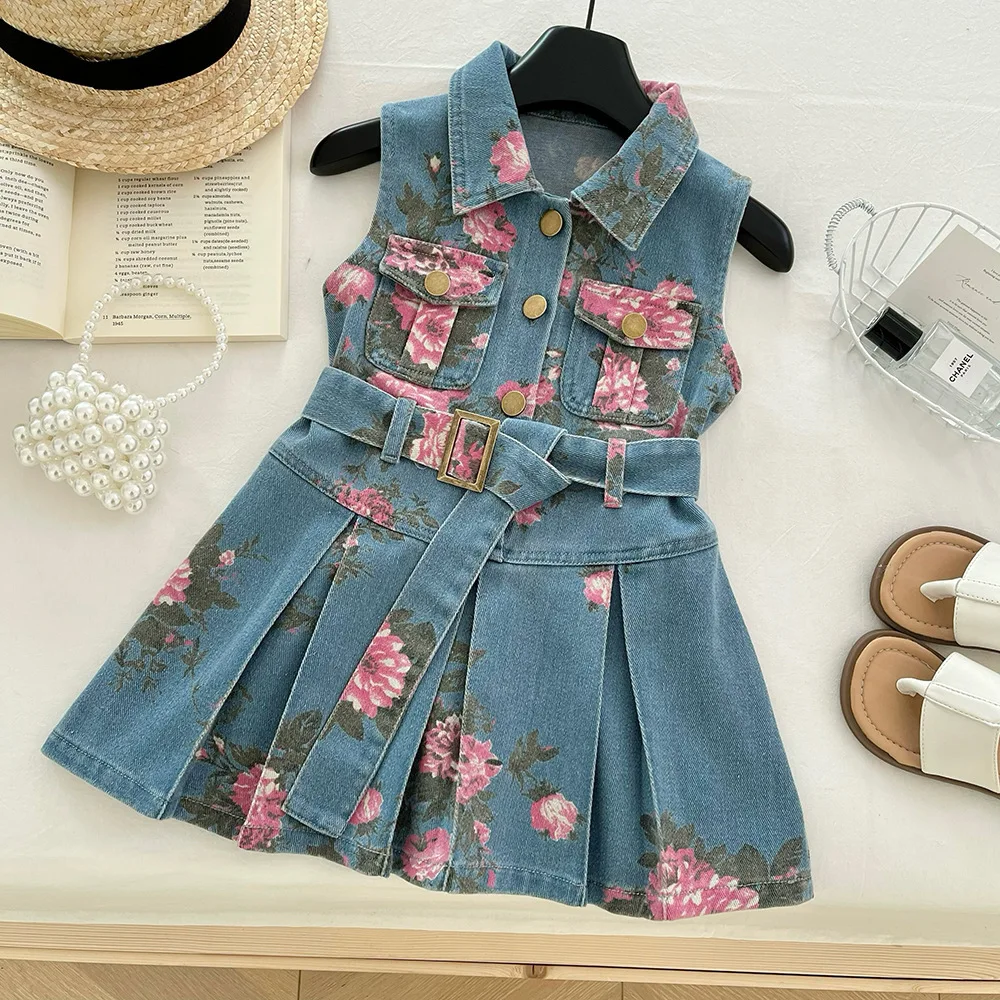 Summer New Korean Version Girls Clothes Lapel and Sleeveless Flower Printed Denim Belt Dress Casual Outdoor Toddler Dresses
