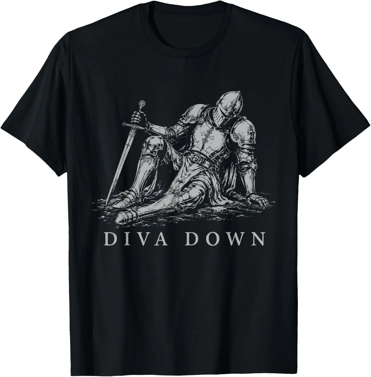 Diva Down Funny Medieval Knight Dark Humor Art T-Shirt Unisex Vintage Graphic Print T‑Shirt Retro Aesthetic Crew Neck Short Sleeve Soft Cotton Tee Casual Streetwear Tops Men.Unisex Holiday Festive Graphic Tee Party