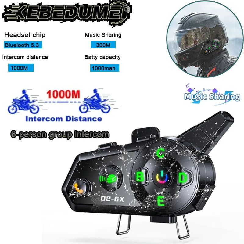 

Bluetooth5.3 D2-6X Motorcycle Helmet Intercom Headset 1000M Wireless Interphone Music Share Waterproof Communicator for 6 Riders