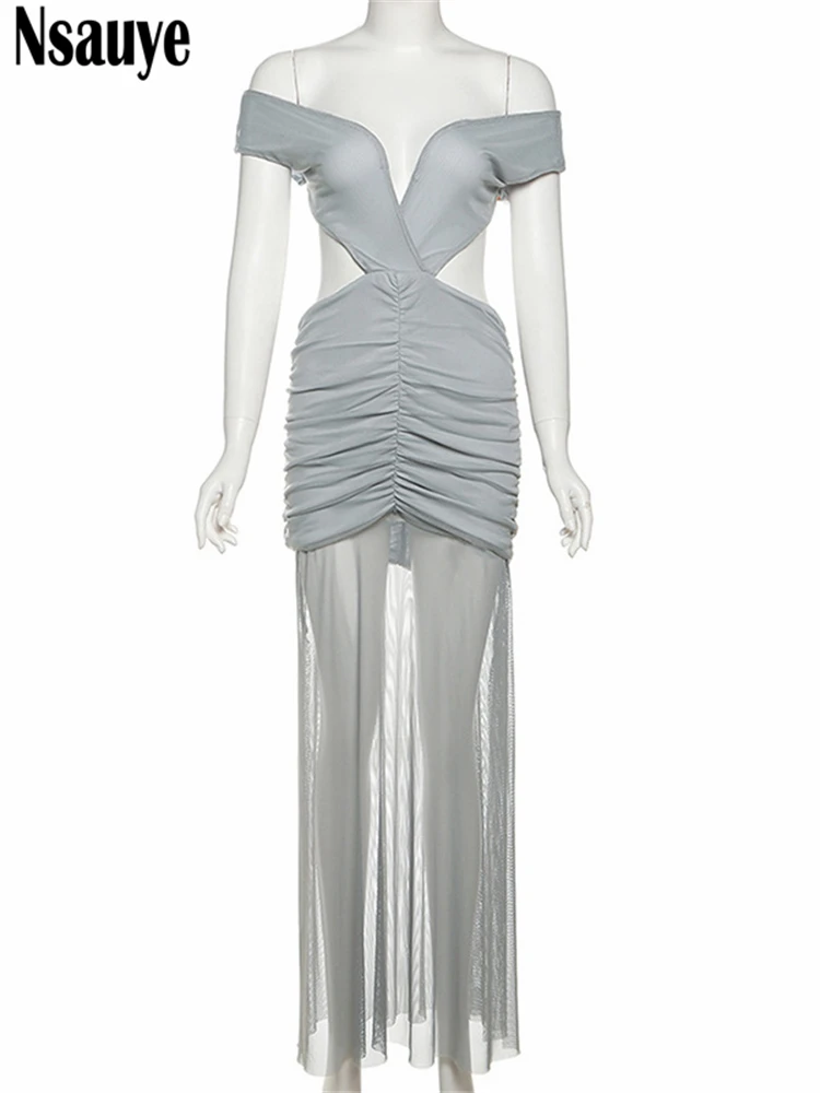 Nsauyeセクシーな女性用オフショルダーマキシローカットアウト弾性イレギュラードレスラップサマーメッシュ2025エレガントパーティーナイトクラブドレス