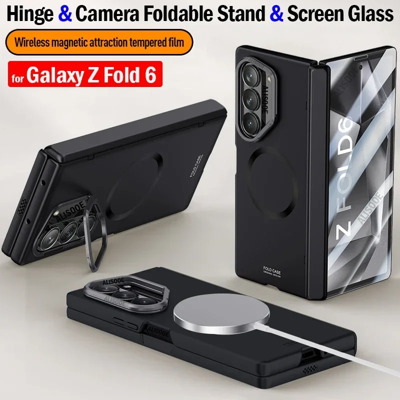 

Чехол z Fold 6, чехол с петлями для Samsung Galaxy Z Fold 6, металлическая подставка для камеры, стекло, магнитная поддержка, чехол для беспроводной зарядки