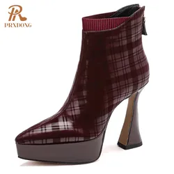 PRXDONG Women's Shoes New Sexy High Heels Platform Black Wine red Genuine Leather Autumn WInter Warm Ankle Boots Dress Party 39