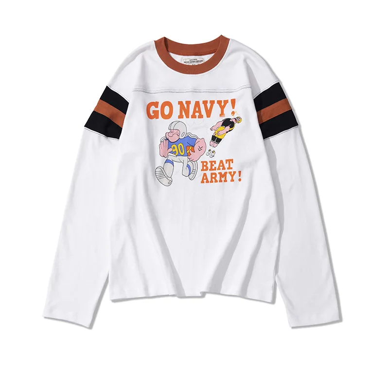 Autumn New Arrival Amekaji Heavy-Duty Spliced Baseball-Style Long-Sleeve Men's T-Shirt Cartoon Anime Elements for Casual Wear