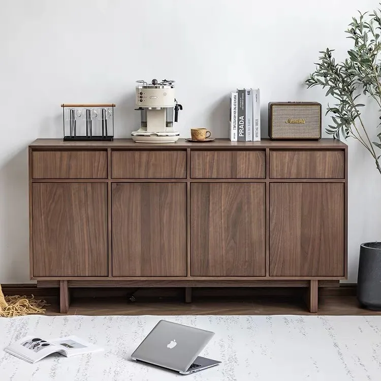 Nordic solid wood sideboard, skeleton line, black walnut, double door cupboard, wabi-sabi cabinet, medieval entryway storage cab
