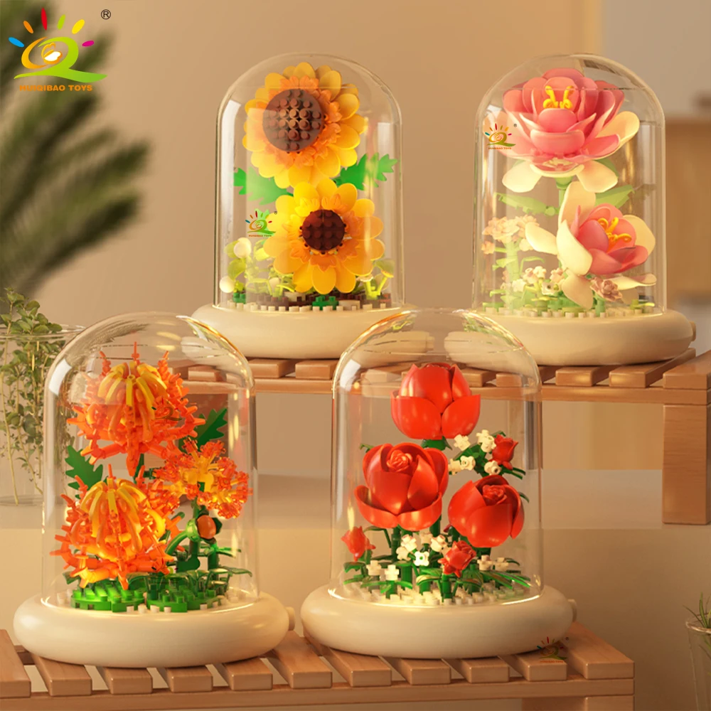 HUIQIBAO MOC Eternal Bouquet Display Box Micro Building Block Flower Model DIY Home Desk Plant Decoration Brick Toy For Children