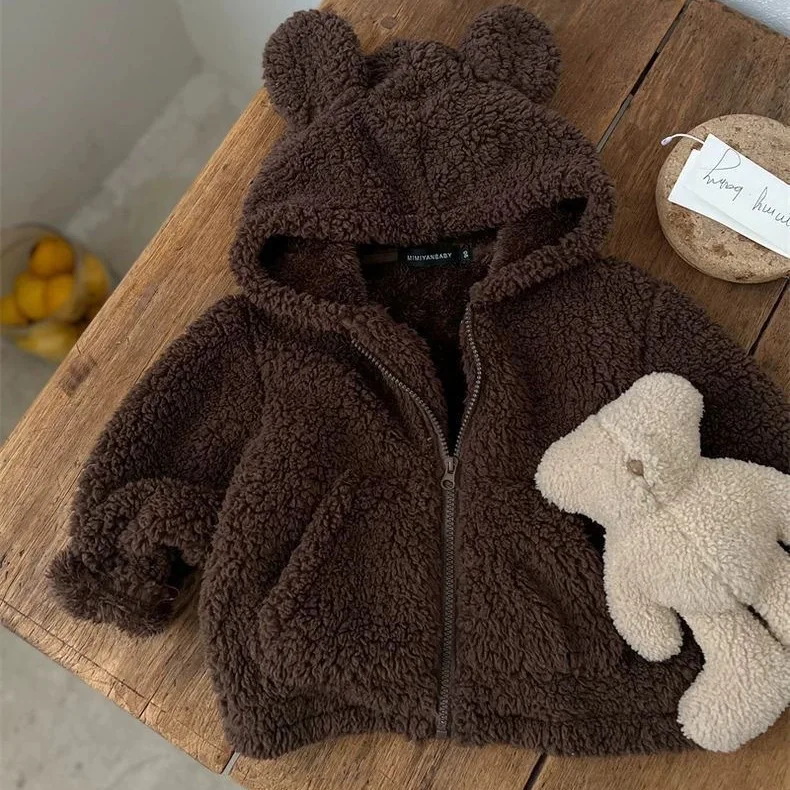 Boys' and Girls' Plush Coat 2026 Korean Winter Edition Thickened Baby Lamb Fleece Zipper Coat Ear Hair Sweater