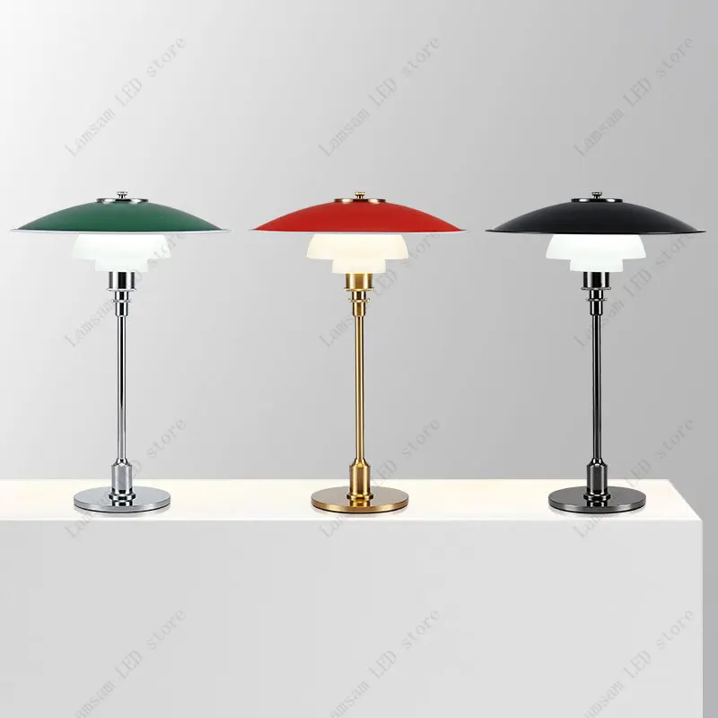 Classic Danish Table Lamp AC Powered Nordic Desk Light with Glass and Metal Lampshade 85-265V E27 Bulb for Room Decor