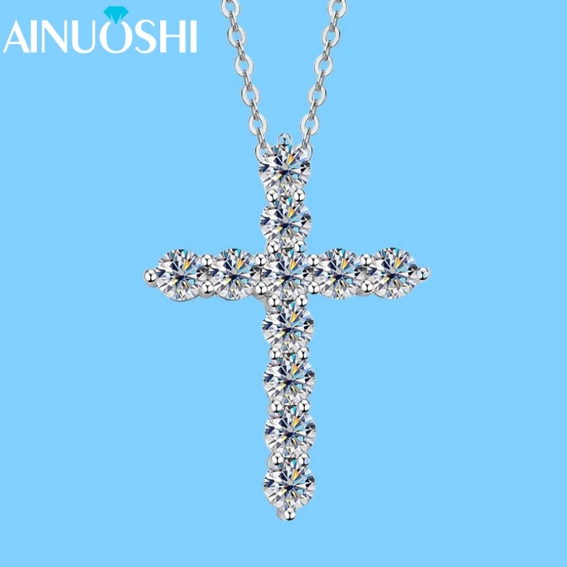 

AINUOSHI S925 ожерелье из стерлингового серебра для женщин D2.20CT муассанит крест кулон ожерелье религиозная вечеринка танцевальные украшения подарки