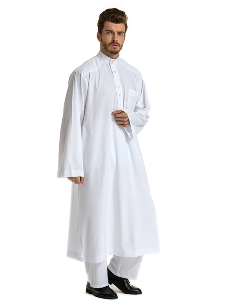 Muslim Robe Arab Men Ramadan Solid Color Pakistan Arabia Turkey Abaya Male Iftar 2 Piece Set Tops and Pants Islamic Clothing 3XL