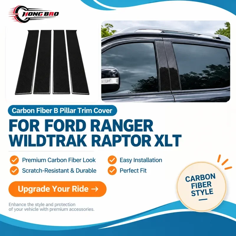 For Ford Ranger Wildtrak Raptor XLT 2011-2021 4Pcs Glossy Piano Black Carbon Fiber Window Trim Cover BC Pillar Posts Sticker