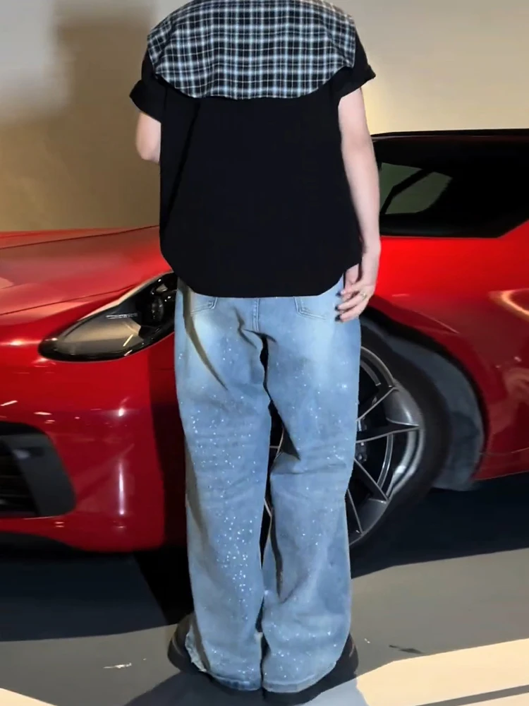 Men's 2025 Summer New Hot Diamond Jeans Wide-leg Chic Denim Pants Loose Straight Fashion Pocket Decoration Retro Denim Trousers