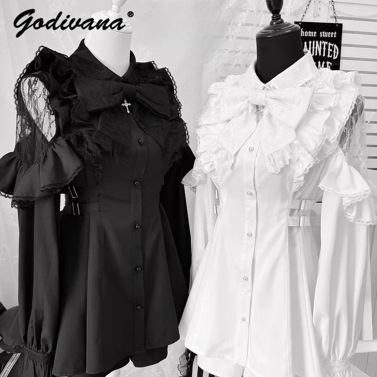 Abito e pantaloncini camicia con fiocco carino a maniche lunghe in pizzo incrociato originale Nuovi abiti Lolita per ragazze femminili primaverili e autunnali giapponesi