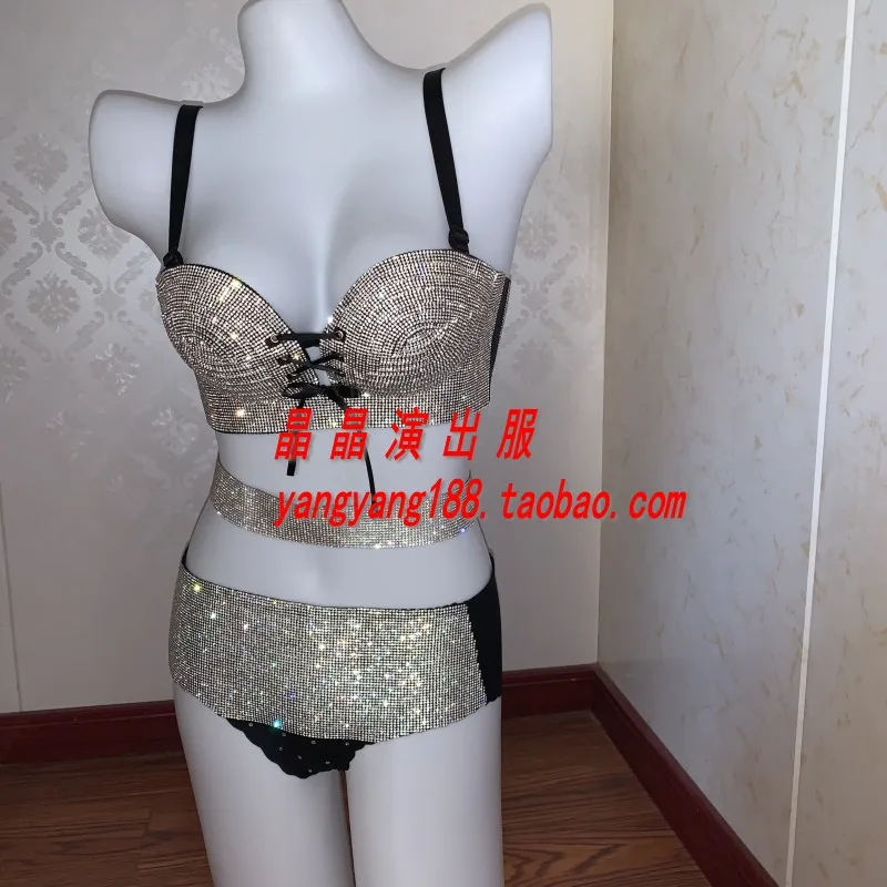 Aangepaste dikke bikini sprankelende diamant podium bh set ondergoed paaldansvoorstelling zwart goud rood roze