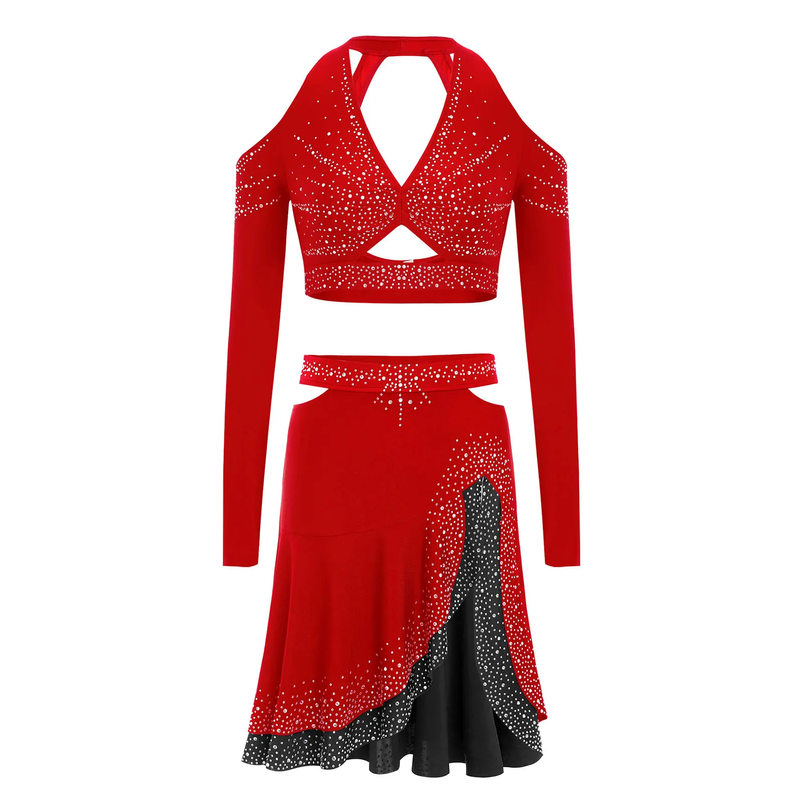 Womens Salsa Dance Costume Shiny Backless Crop Top with Ruffled Skirt 2 Piece Latin Dance Costume Set for Stage Ballroom Shows