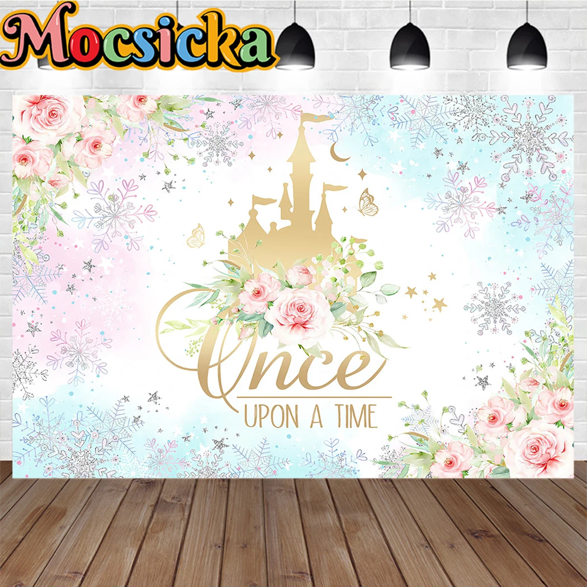 

Sweet Pink Girl Fairy Tale Wedding Background Once Upon a Time Castle Flower Snowflake Birthday Party Backdrop Decoration Poster