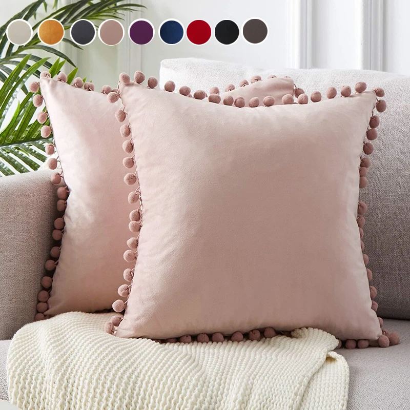 Pure Color Velvet Soft Throw Pillow Sofa Cushion Cover Sofa Short Plush Pompom Cushion Cover 40cmx40cm,50cmx50cm,65cmx65cm