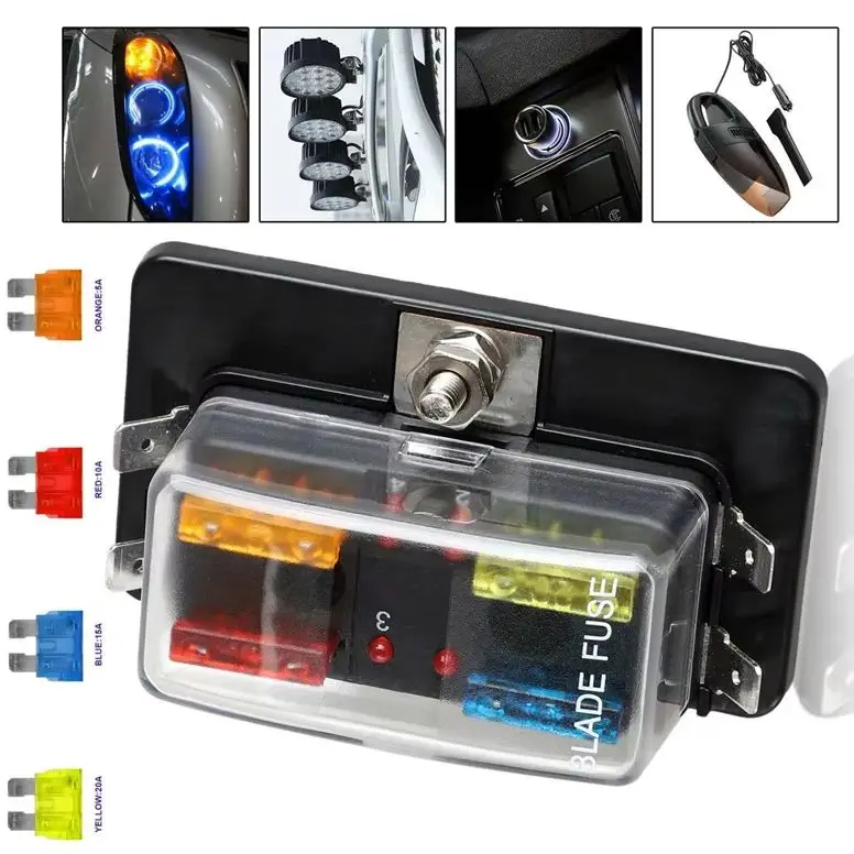 4-Way Blade Fuse Block with Protective Plastic Cover - 12V/32V Fuse Box with LED Indicator Suitable for Auto Car and Marine Use