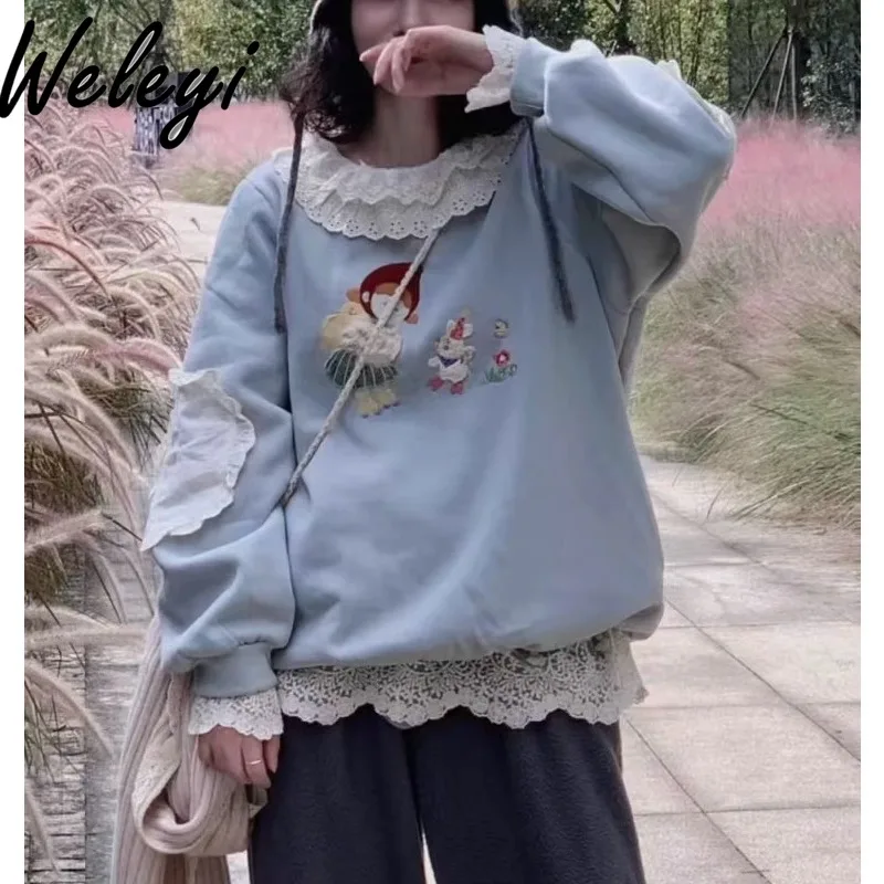 Sweet Lace Crew Collar Hoodies for Women 2024 Autumn/winter New Cute Girl Loose Sticker Embroidered Fleece Sweatshirt Coat Woman