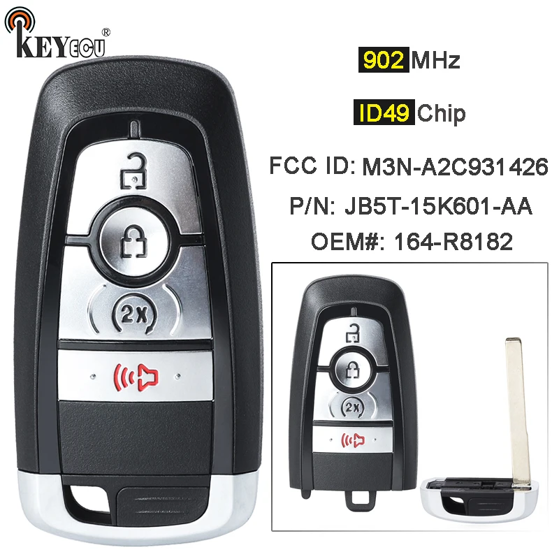 KEYECU 902MHz ID49 Chip 164-R8182 M3N-A2C931426 JB5T-15K601-AA Smart Remote Key Fob for Ford Edge Ranger 2017-2022