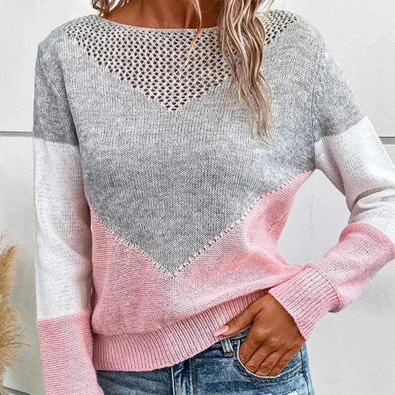 2024 Fall Women Knitted Hollow Out Patchwork Sweaters Color Block Contrast O-neck Warm Pullovers Long Sleeved Daily Cozy Clothes