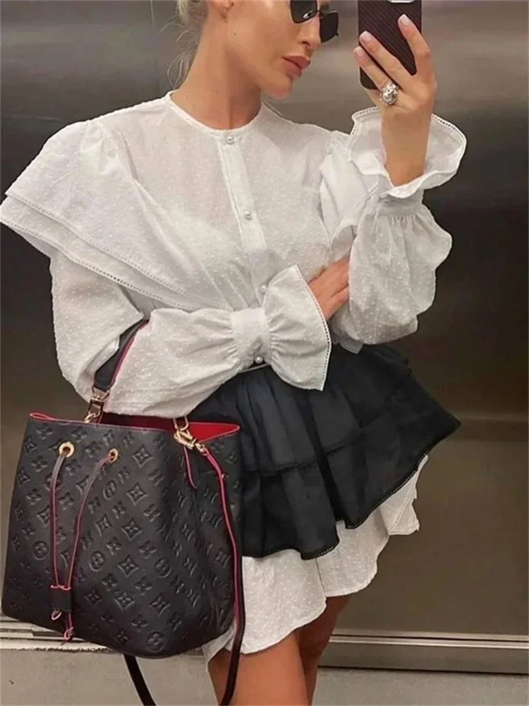 Ruffled Patchwork Fashion Mini Dress Women High Waist Shirts Elegant Party Looks 2 Piece-Set Mini Dress Women White Dress