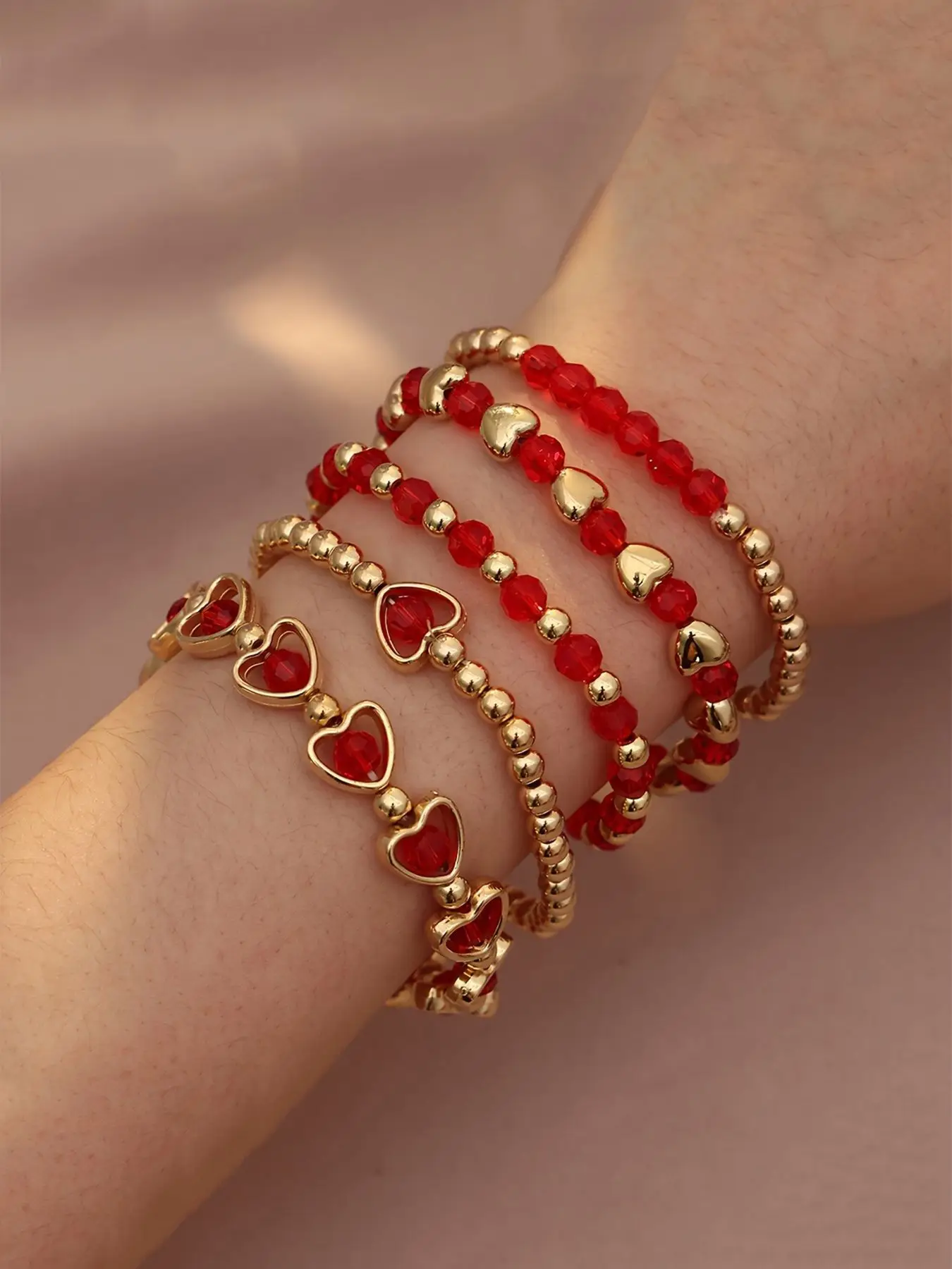 Multi-layer Red Bead & Heart CCB Beaded Bracelet, Stackable Style for Valentine's Day