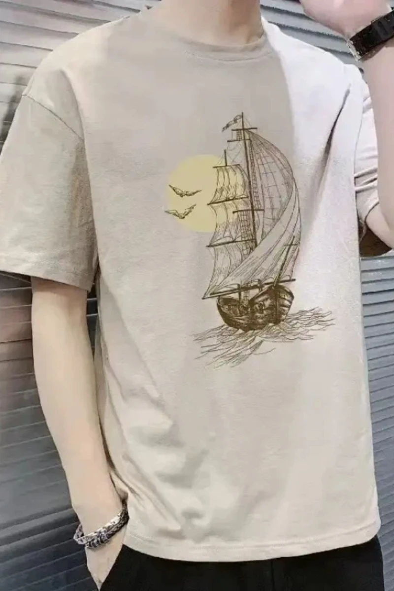 Men's Casual Short Sleeve T-Shirt with Sailboat Print Round Neck Breathable Cotton Tee for Daily Summer Wear