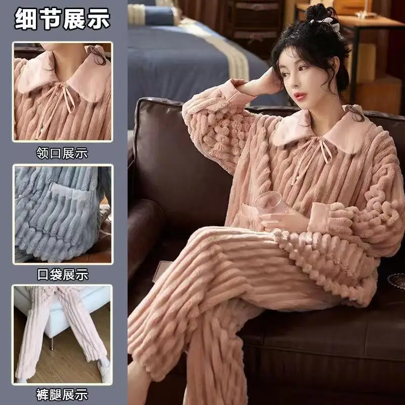 

Autumn Winter Women's Pajama Set Thicken Fleece-Lined Keep Warm Nightwear Flannel Sweet Homewear Soft Coral Fleece Sleepwear