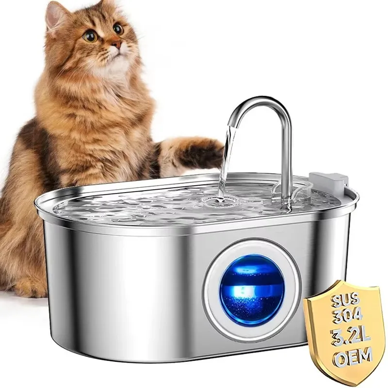 

3.2L Stainless Steel Cat Fountain with Water Level Window USB Charging Pet Water Fountain Cat Dog Water Dispenser for Cat