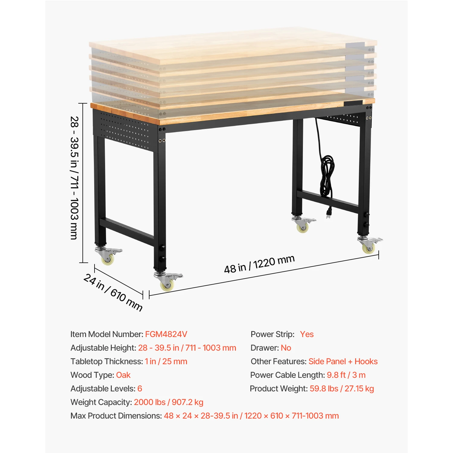 SucceBuy 2000LBS verstelbare werkbank Mutisize werkbank met stopcontact en wielen eikenhouten werktafel voor garagewerkplaats