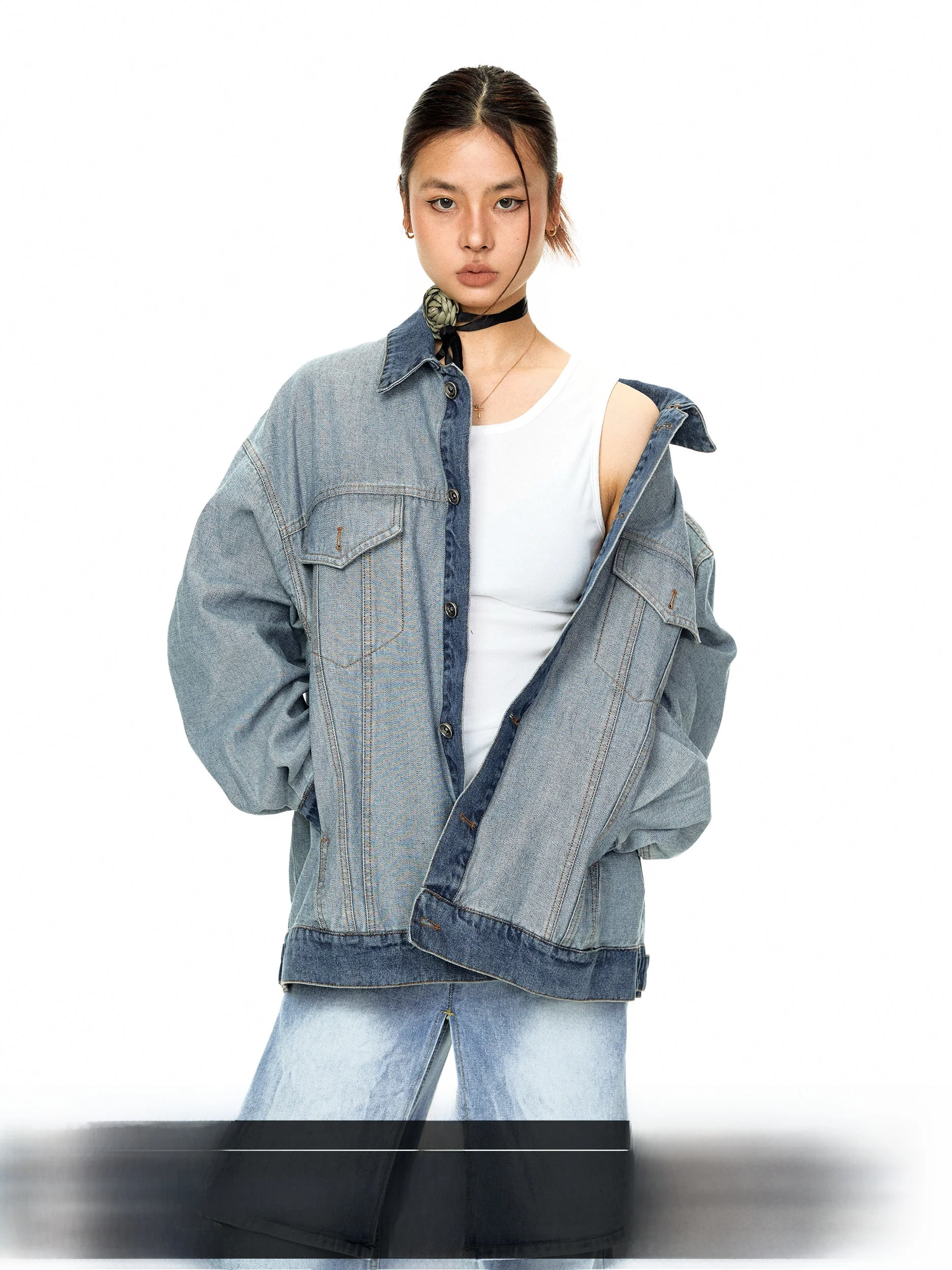 

Retro American Washed Denim Jacket Women's Versatile Design Collar Workwear Outerwear Casual Loose Fit Cotton Blend