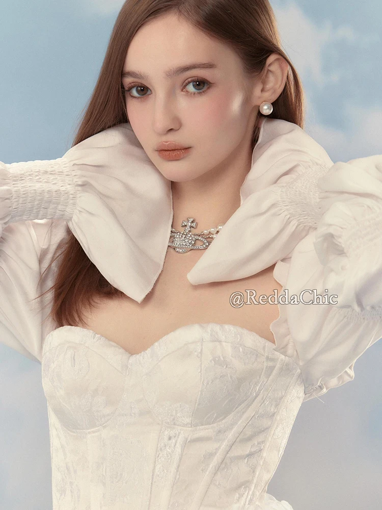 Reddachic conjunto de vestido de duas peças destacável vestido de trilha espartilho manga puff rendas até sem costas bodycon casamento noite roupas femininas