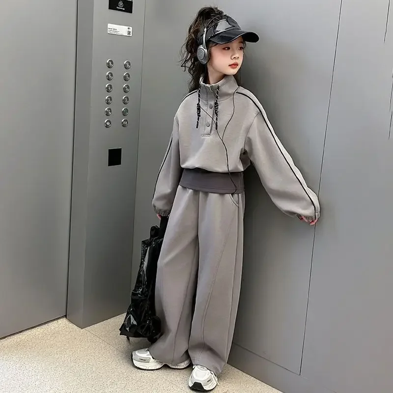 

2025 spring Teenager Clothes Children Set grey batwing Crop Top sweatshirt top and bottom wide leg Pant suit tracksuit 8 12 year