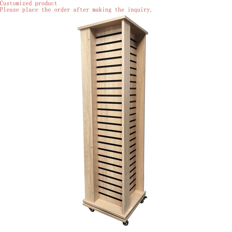 

Custom.HIKUYA New Design Four Sides Rotated Slatwall Tower Display Stand Wooden Display MDF Melamine Gondola for Cloth Store