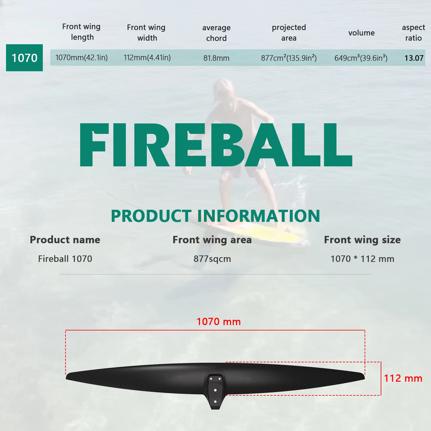 Hot selling Fireball 1070 Front wing surfing efoil Carbon Mast sup Wing wingfoil Electronic Surfboard Water Play Foil Hydrofoil