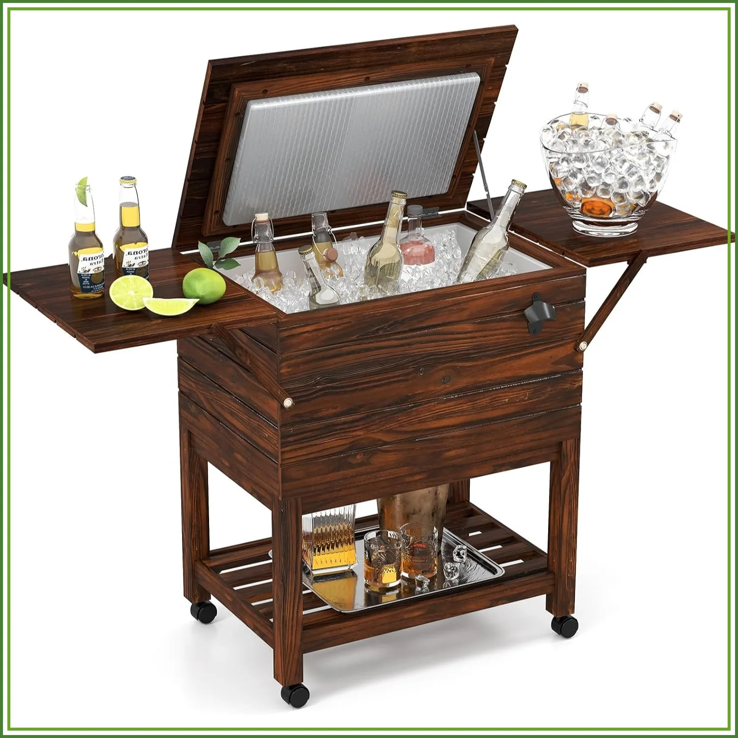 Factory Direct 2026 Wooden Patio Cooler Cart 54qt Rolling Ice Chest w/ Bottle Opener