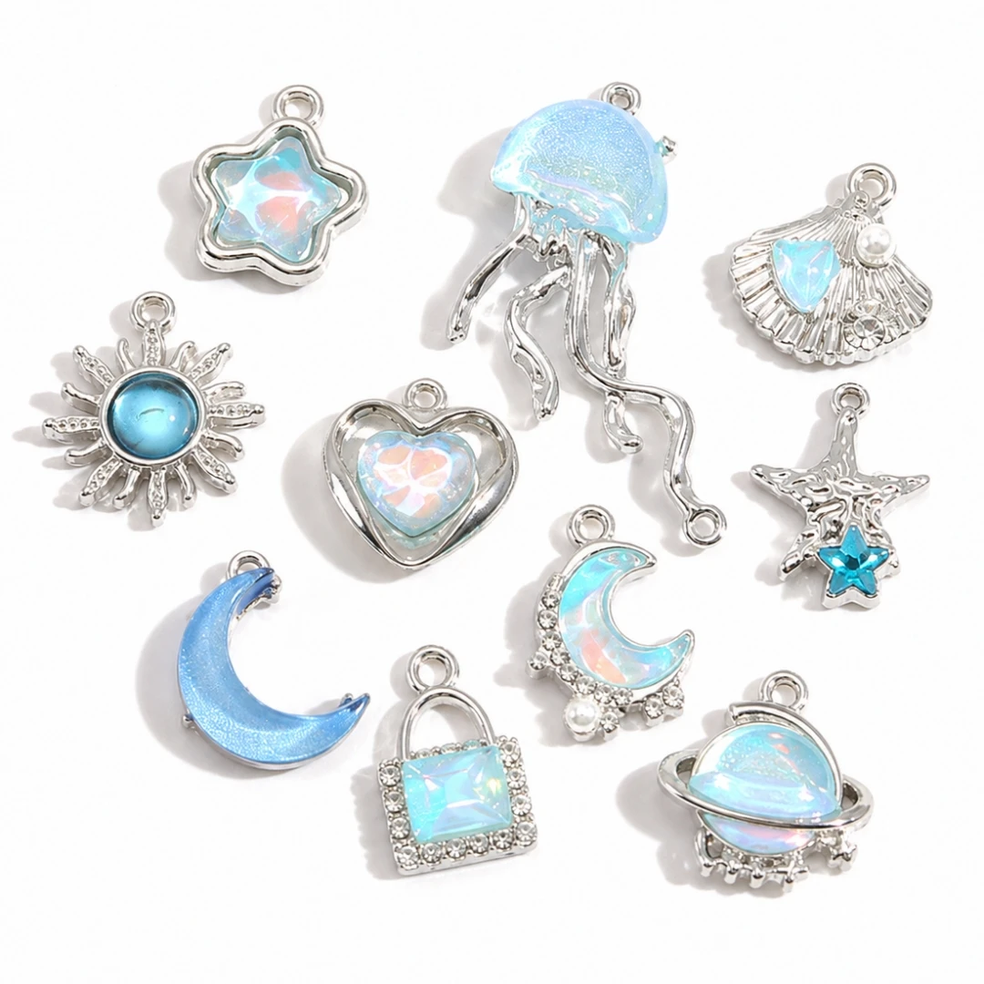 10PCS Mix Sweet Cool Y2 Blue Cloud Moon Butterfly Enamel Pendant Used For DIY Handmade Necklace Bracelet And Jewelry Making