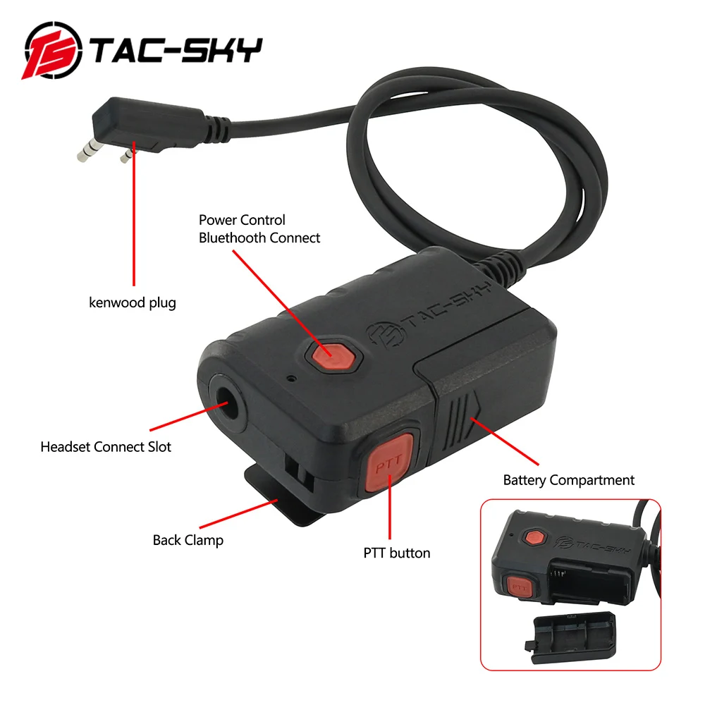 TS TAC-SKY-Tactical Headset Cabo de Extensão, Adaptador PTT, 7.0mm Plug com Bluetooth para COMTAC, AMP, Marshall etc Série Headsets