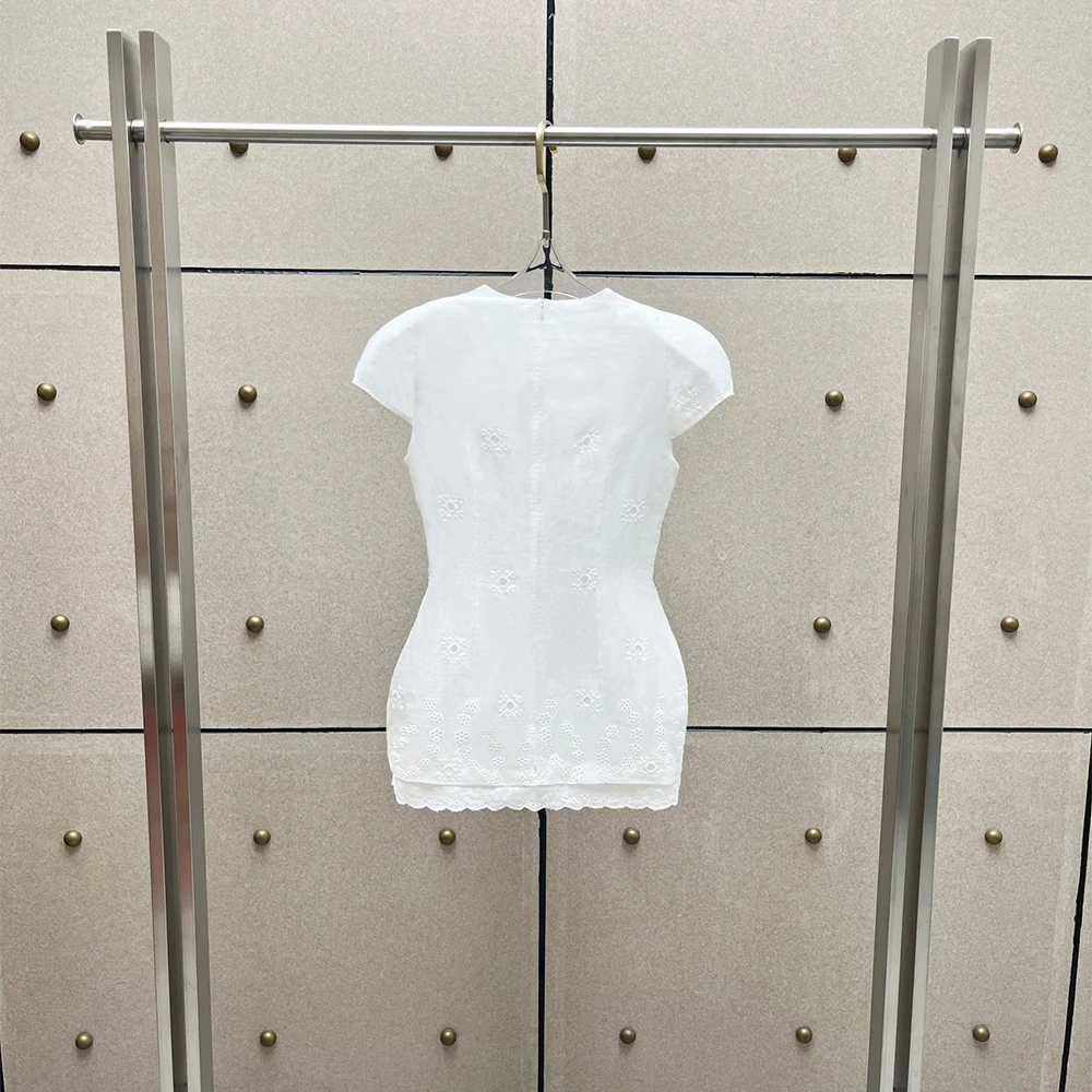 Summer Ladies Cotton Linen T-shirt Cutwork Embroidery Cap Sleeve Bodycon Blouse Scallop Hem Casual Daily Holiday Basic Shirts