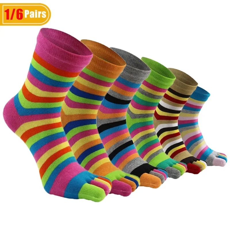 1/6 Paar Damen-Zehensocken aus Baumwolle, bunt gestreift, lässig, modisch, atmungsaktiv, warm, Harajuku, Happy Student, Fünf-Finger-Socken