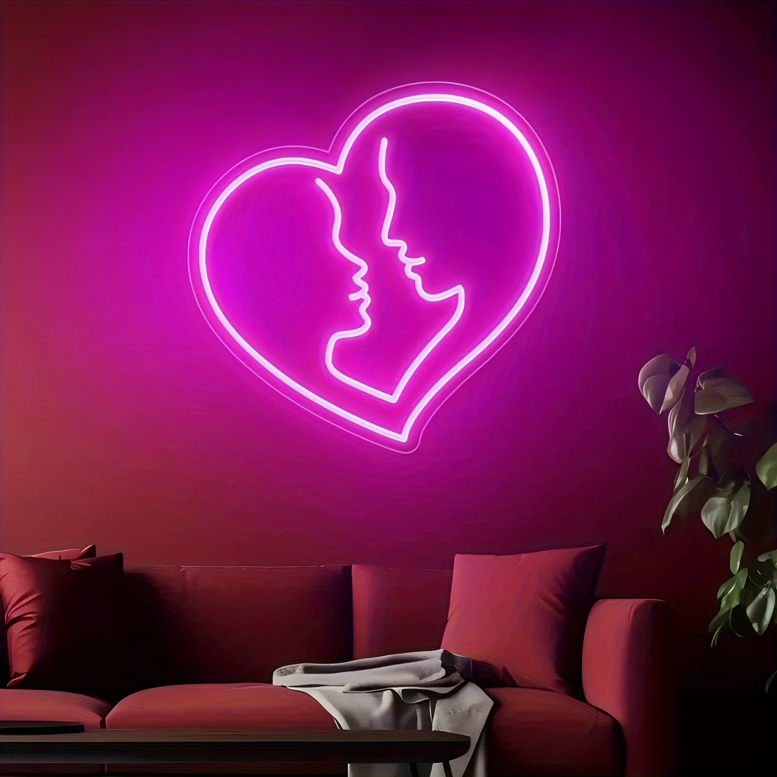 Dekorasi Dinding Neon Hati Lampu Malam LED Kiss Dapat Diredupkan untuk Dekorasi Ruang Tamu Pesta Kamar Tidur Hadiah Valentine Bertenaga USB untuk Pasangan