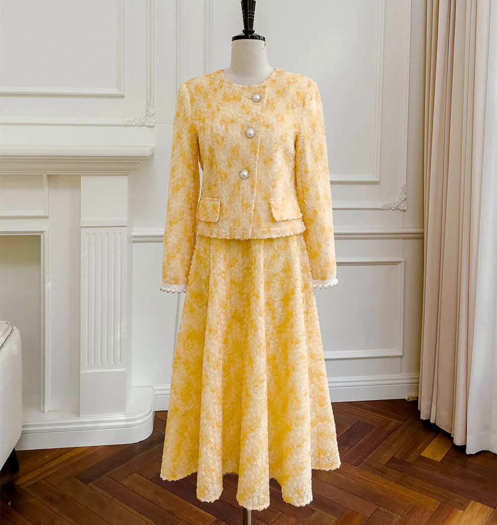 Spring Autumn Chic Women's High Quality Designer Pearls Beading  Yellow Jackets+Floral Dress B561