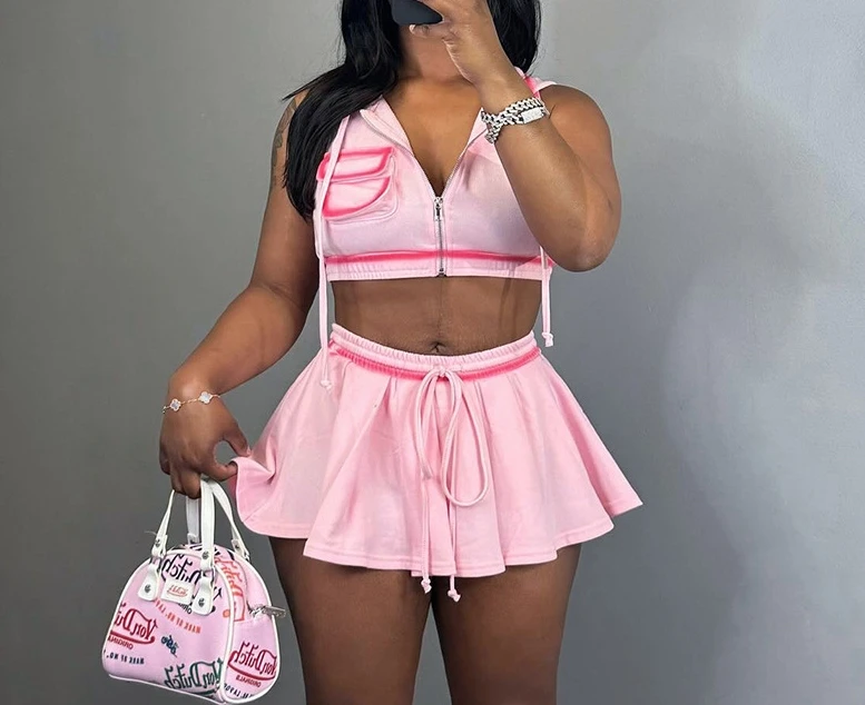 Sexy Two Piece Sets Women Summer New Sweet Print Hooded Zipper Sleeveless Crop Top and Mini Pleated Skirts Outfit Streetwear