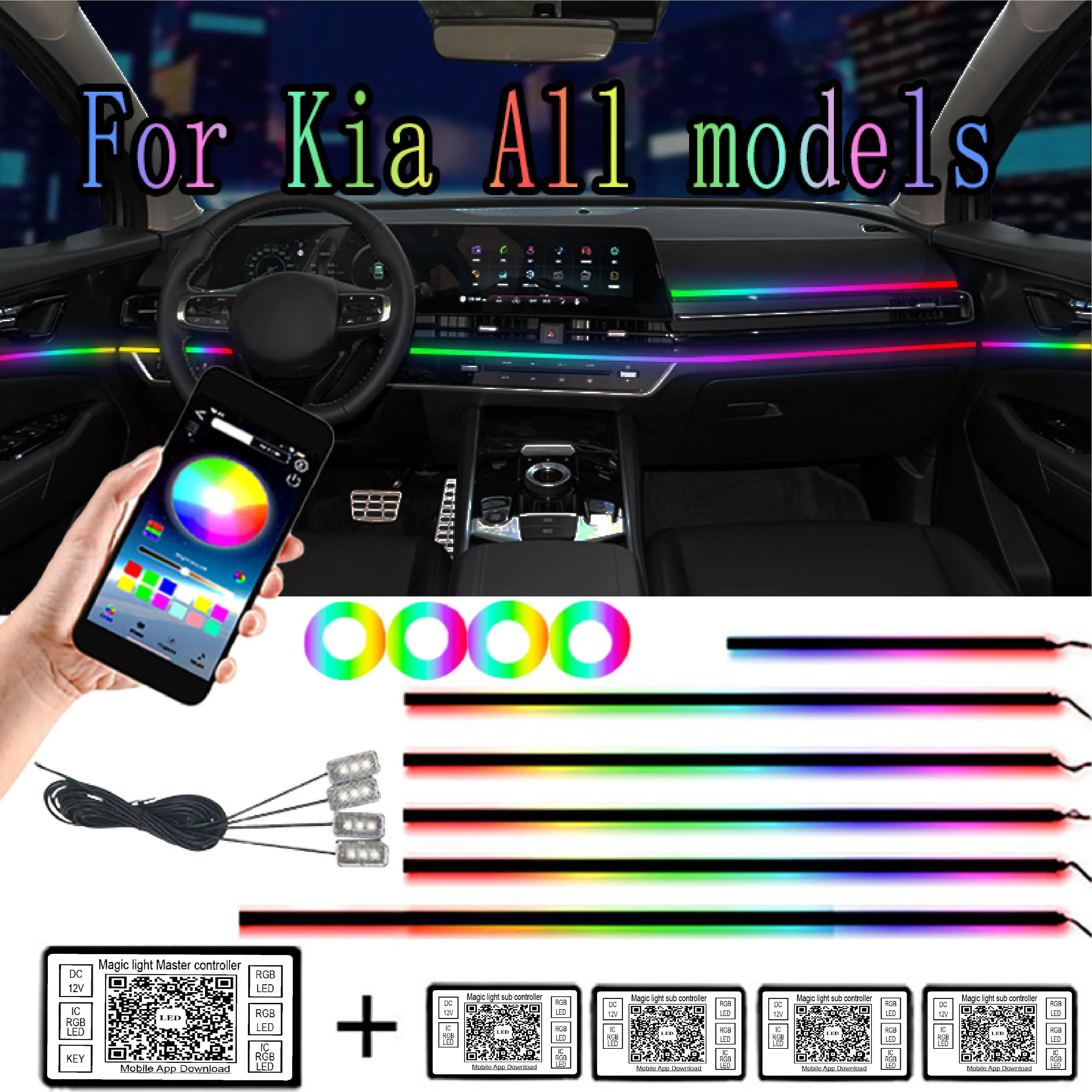 

Symphony Decoration Ambient Light Car Atmosphere Interior LED Acrylic Guide Fiber Optic Universal 18 in 1 64 Color RGB For Kia