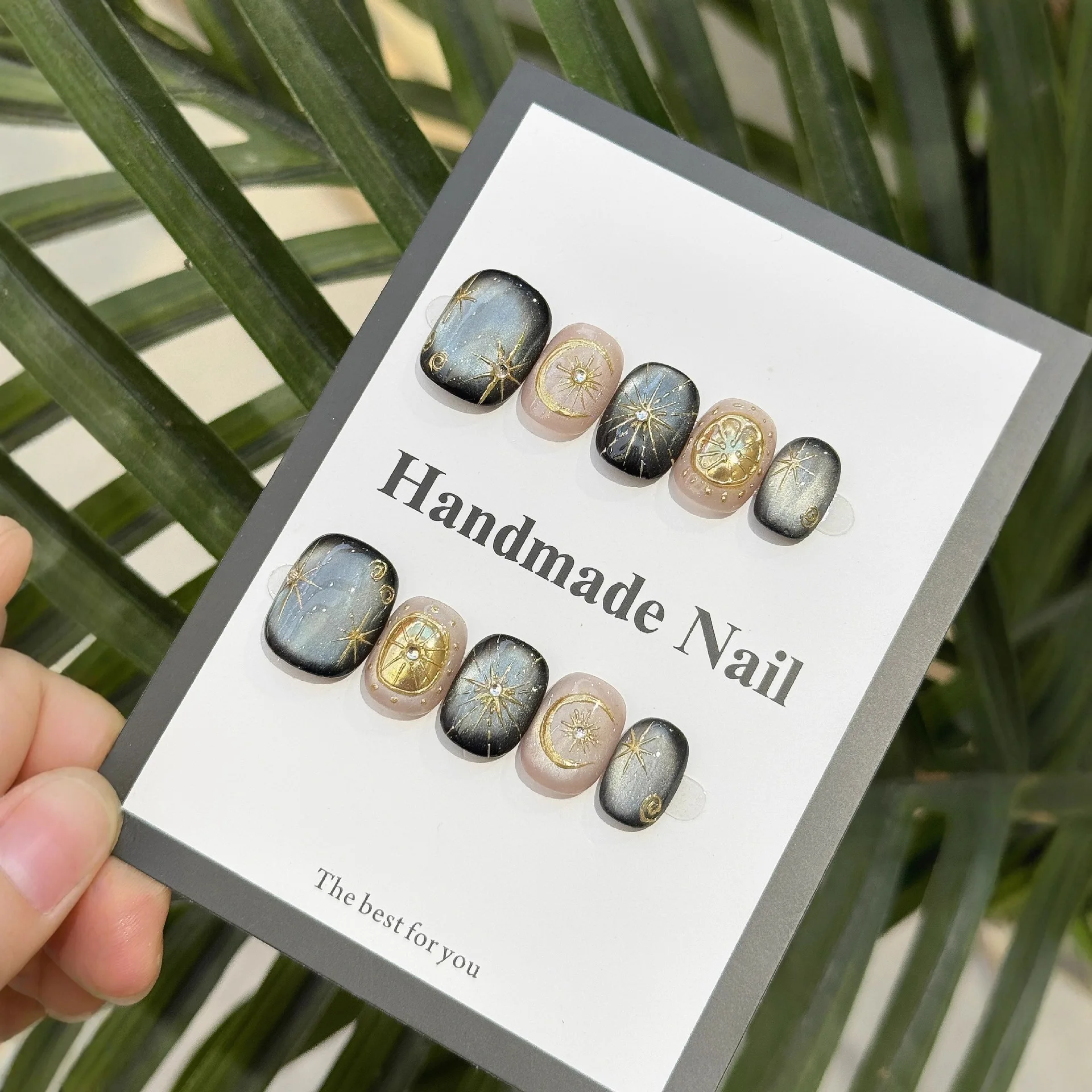 10 Uds. De uñas postizas brillantes con forma de ojo de gato, suaves explosiones, estrellas, Luna, hechas a mano, color rosa desnudo, uñas postizas cuadradas cortas para niña