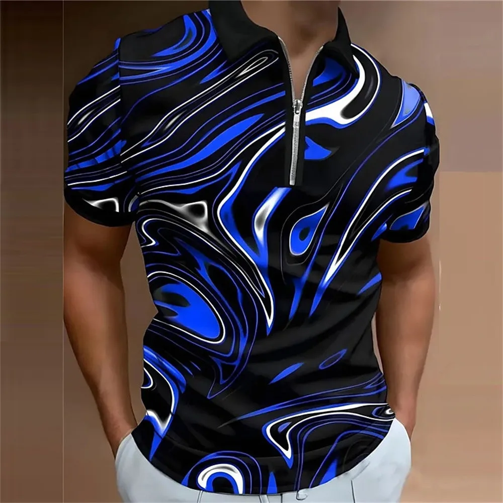 Polo con cremallera y estampado 3D abstracto de ilusión óptica para hombre, ropa de calle de uso diario al aire libre, camisas de poliéster de manga