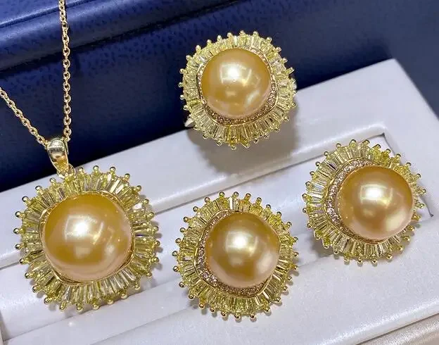 

natural Freshwater golden pearl shell zircon crystal rings bead ring earring pendant chain set Jewellery