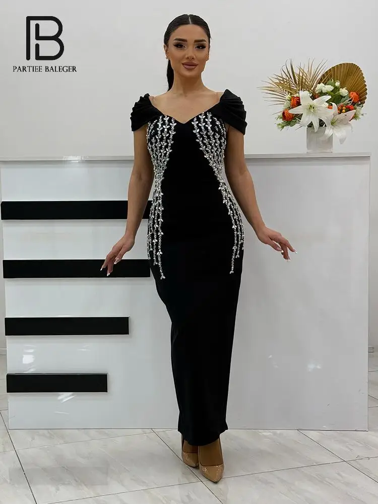 

PB Elegant Black Off-Shoulder Long Bandage Dress with Rhinestone Embellishments - Ideal for Formal Galas & Evening Events