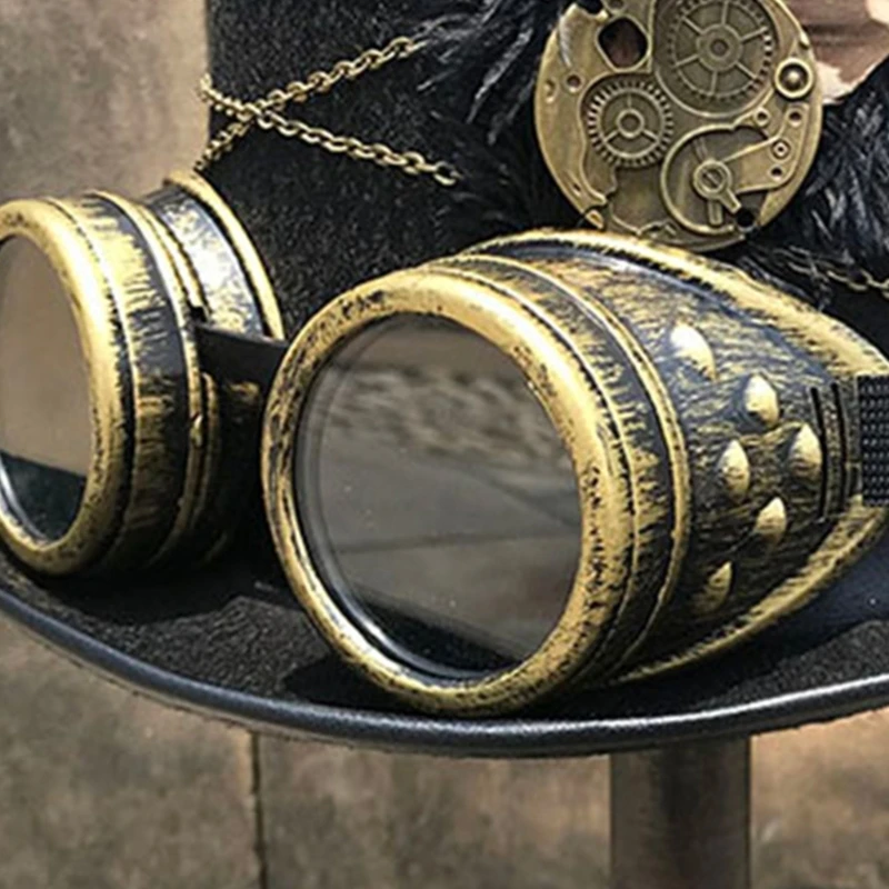 Steampunk sentiu chapéu alto com óculos para adultos, traje vitoriano vintage, adereços de festa de Halloween para mulheres e homens